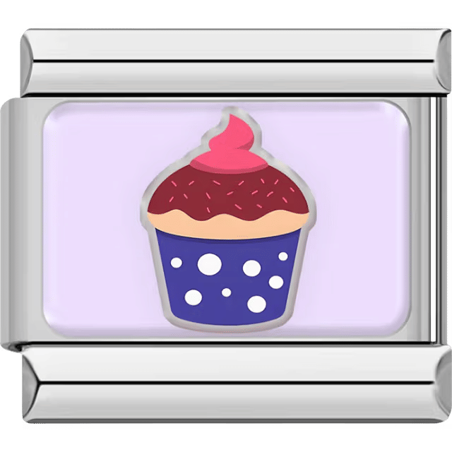 Silver charm with a cupcake that has a purple wrapper with white dots and pink frosting.